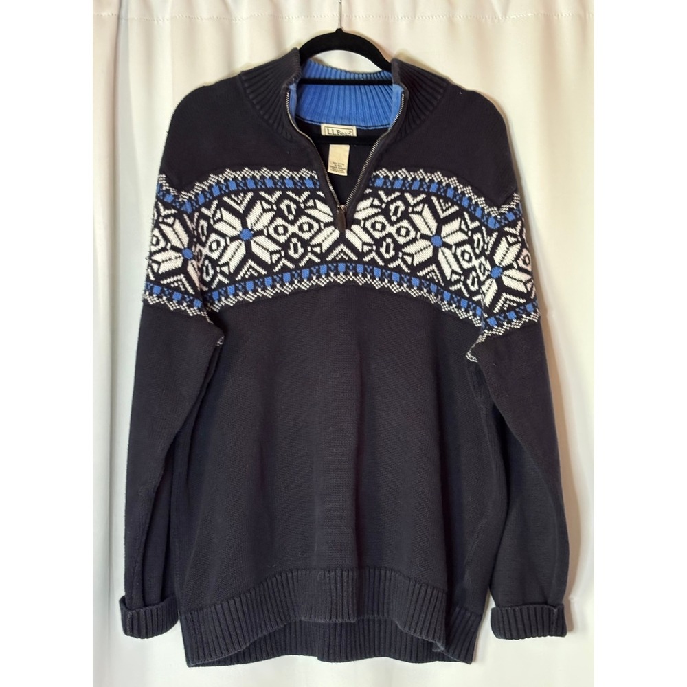 LL Bean Mens XL Navy Blue Fair Isle Snowflake 1/4 Zip Cotton Sweater 291645
